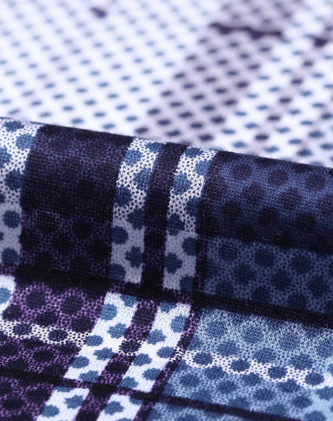 深紫蓝休闲格纹翻领短袖丝光棉衬衫