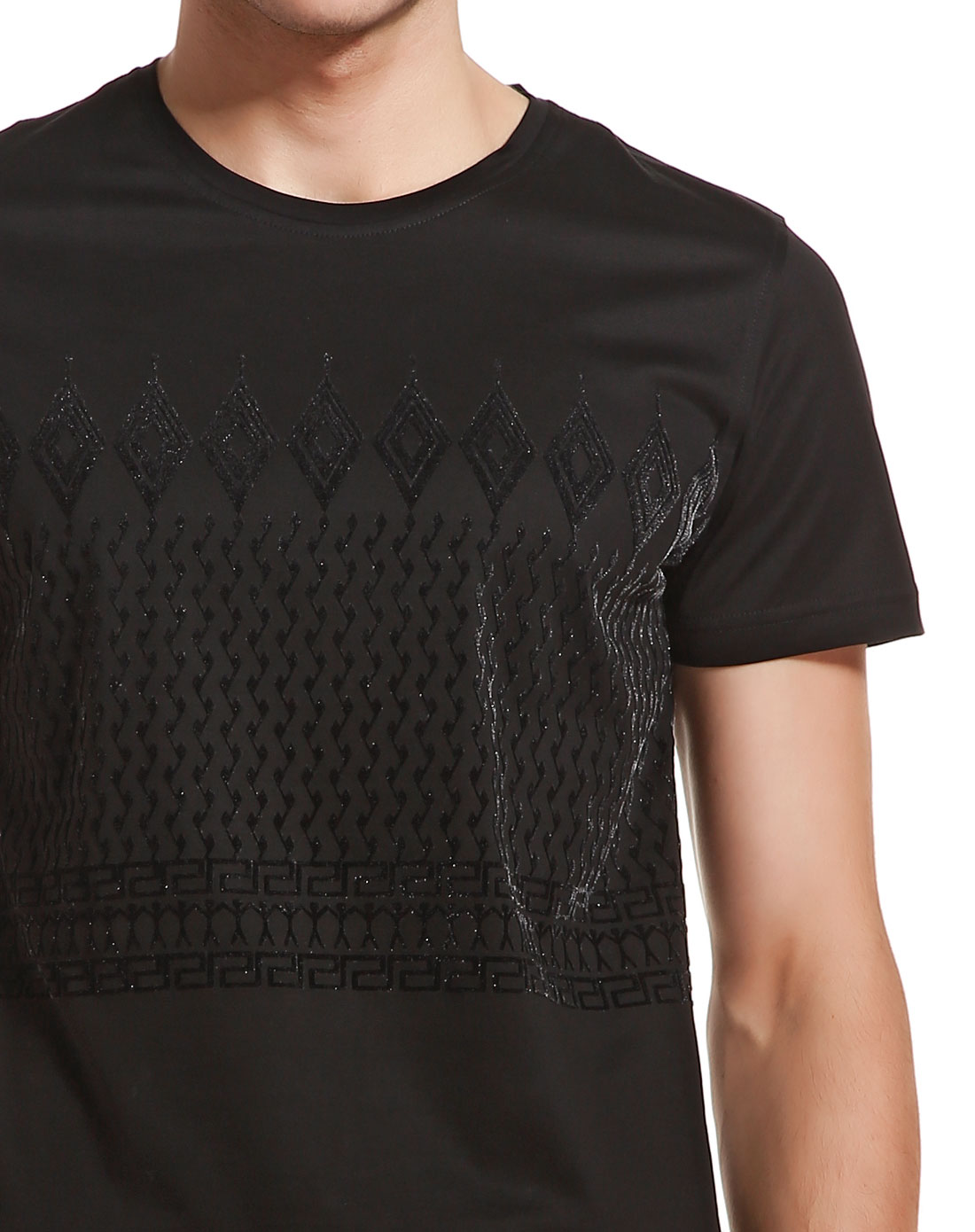 blackgateone67黑色纯棉植绒几何印花圆领短袖t恤b40121199_唯品会