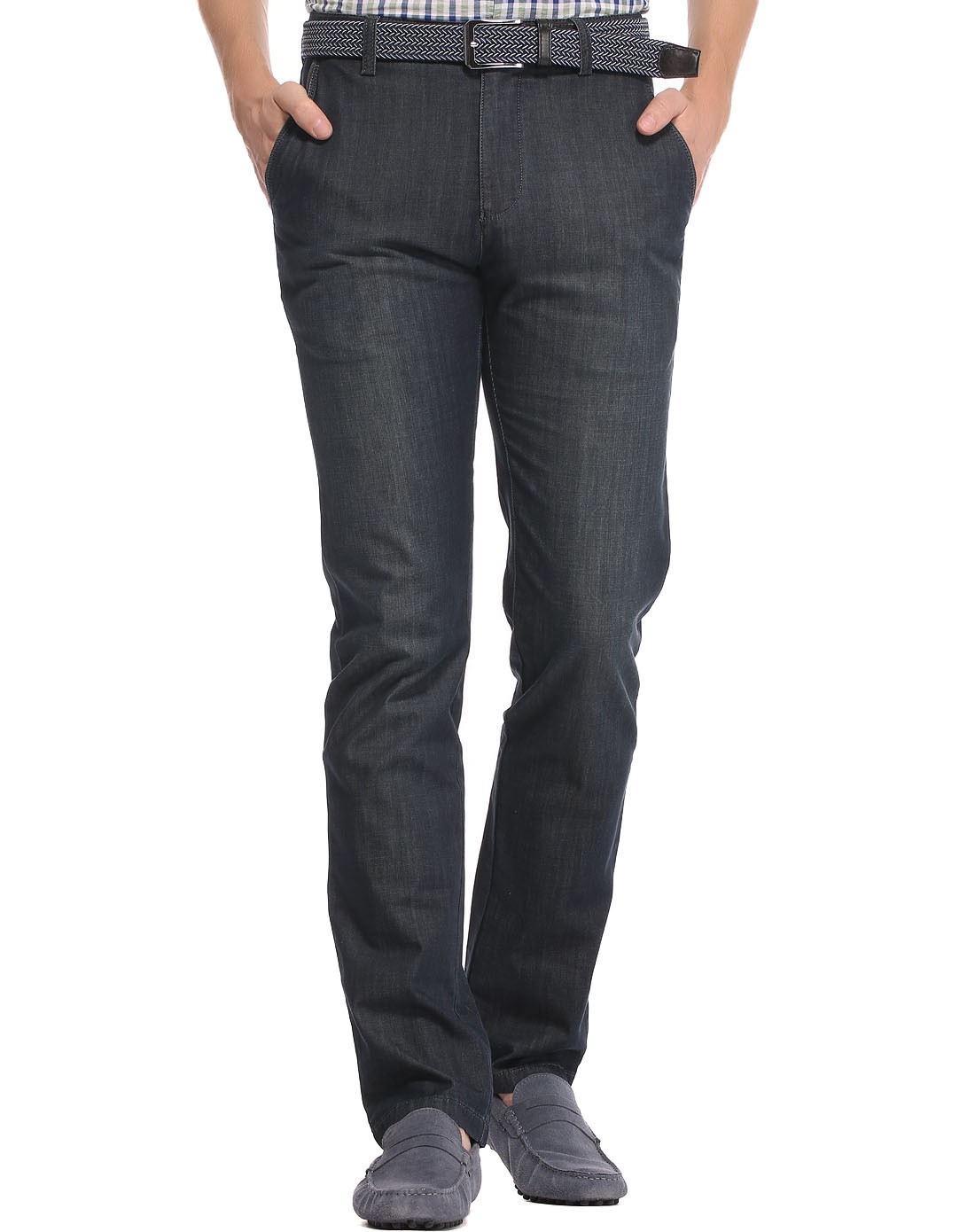 深蓝色斜插袋商务牛仔裤