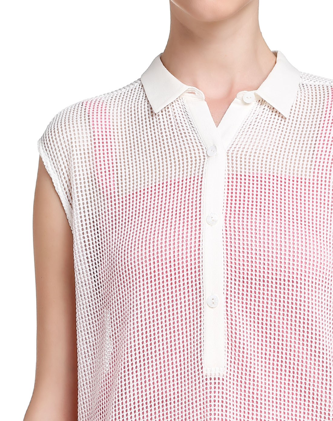 米白色翻领半开襟镂空盖肩袖上衣