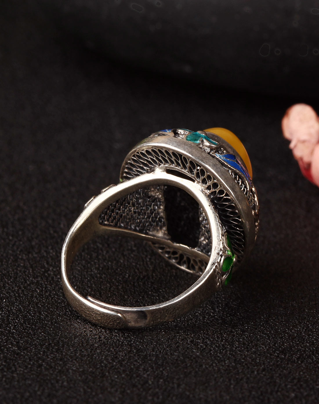 独家发售古典非物质遗产传承手艺银掐丝珐琅老蜜蜡戒指