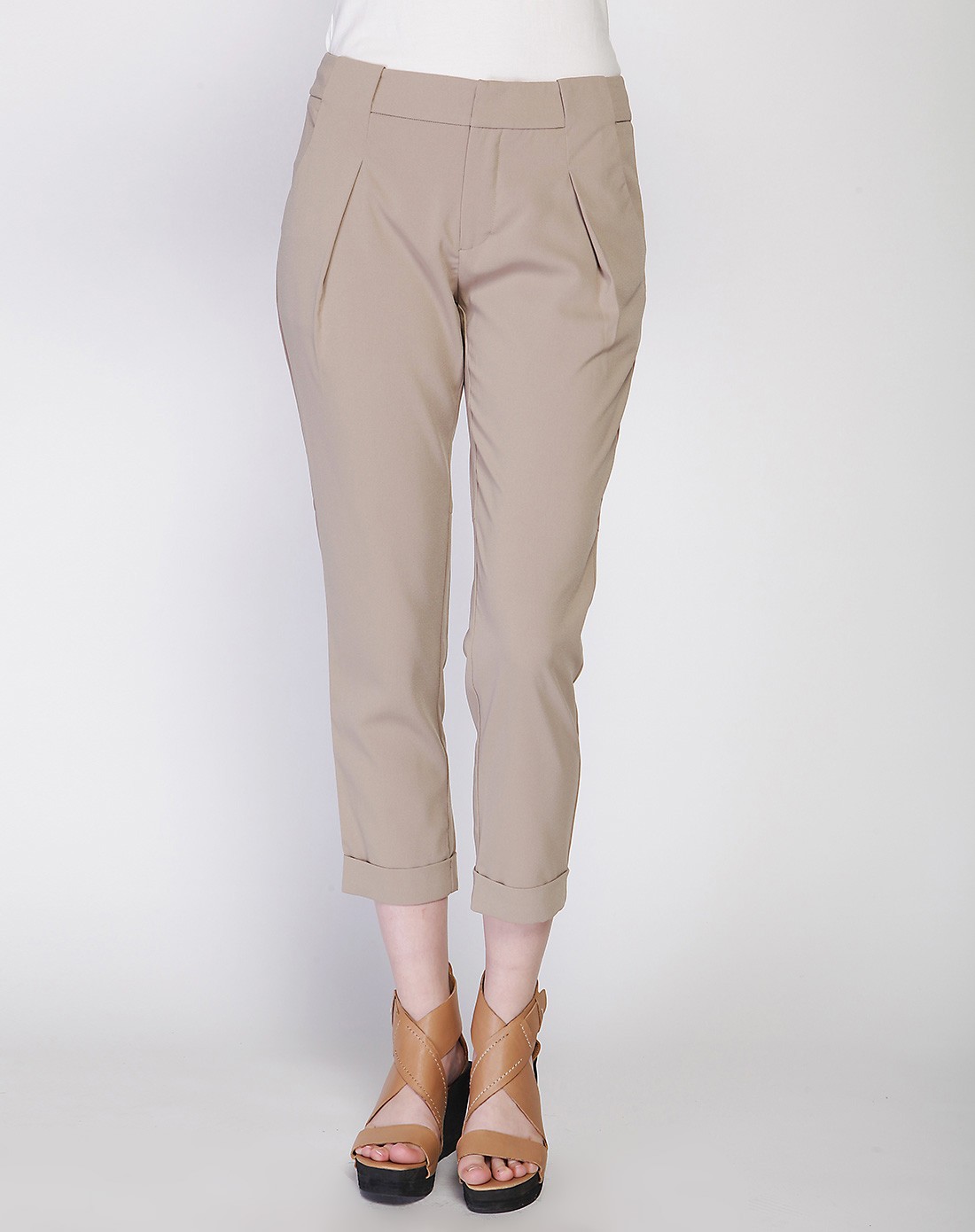 时尚通勤腰部收褶修身卷边裤子