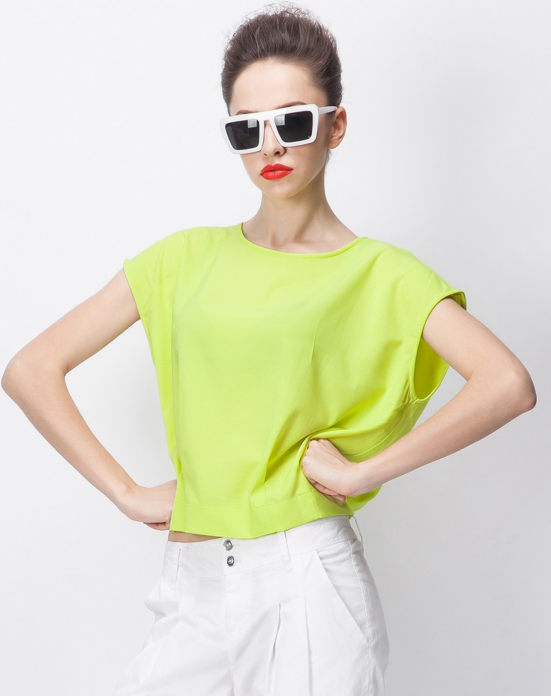 荧光黄圆领短袖后背拉链雪纺上衣