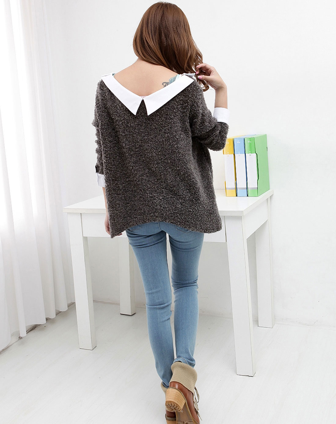 韩都衣舍hstyle女上装专场宽松v领厚长袖t恤gq2085-灰色_唯品会