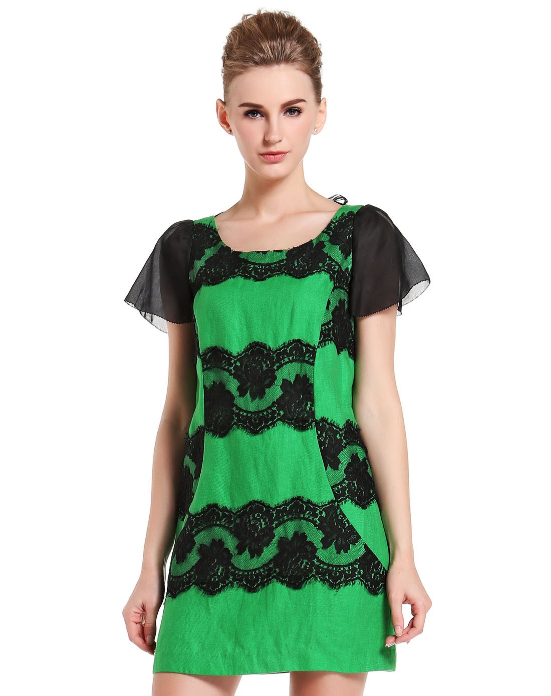 黑/绿色典雅个性短袖连衣裙