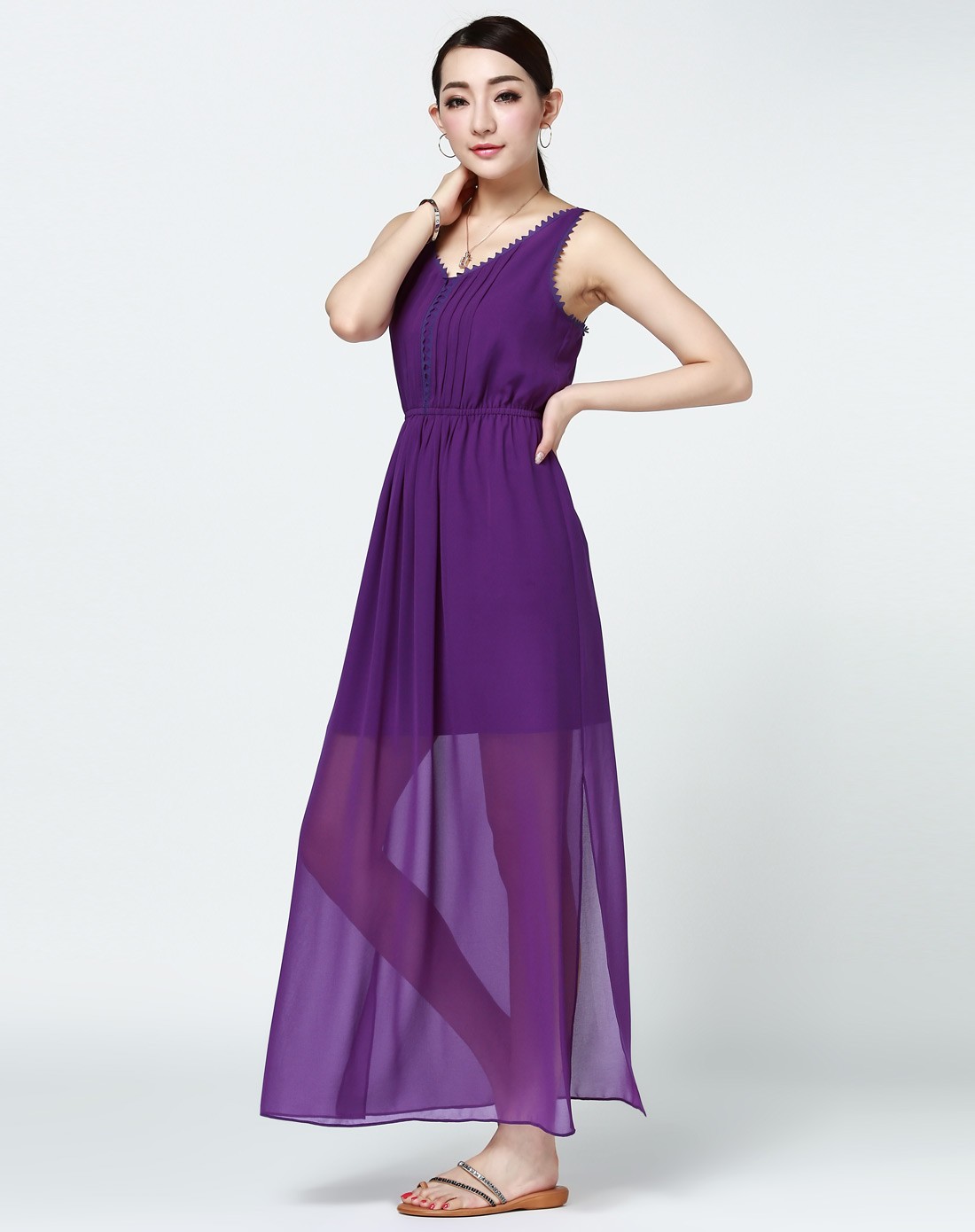 女装紫色雪纺大v领无袖收腰长款连衣裙