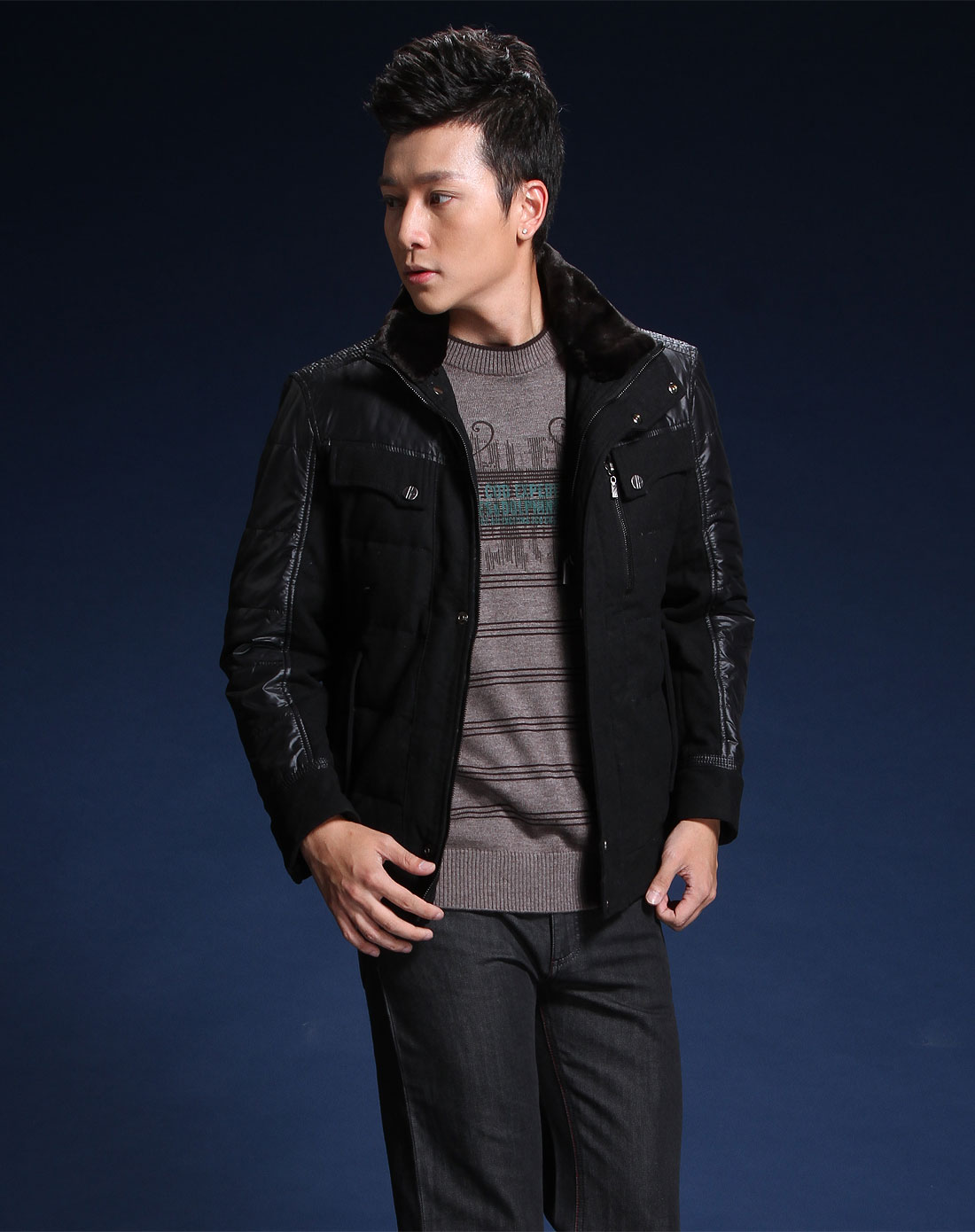 卡丹路cardanro男装专场-黑色带毛领时尚长袖羽绒服