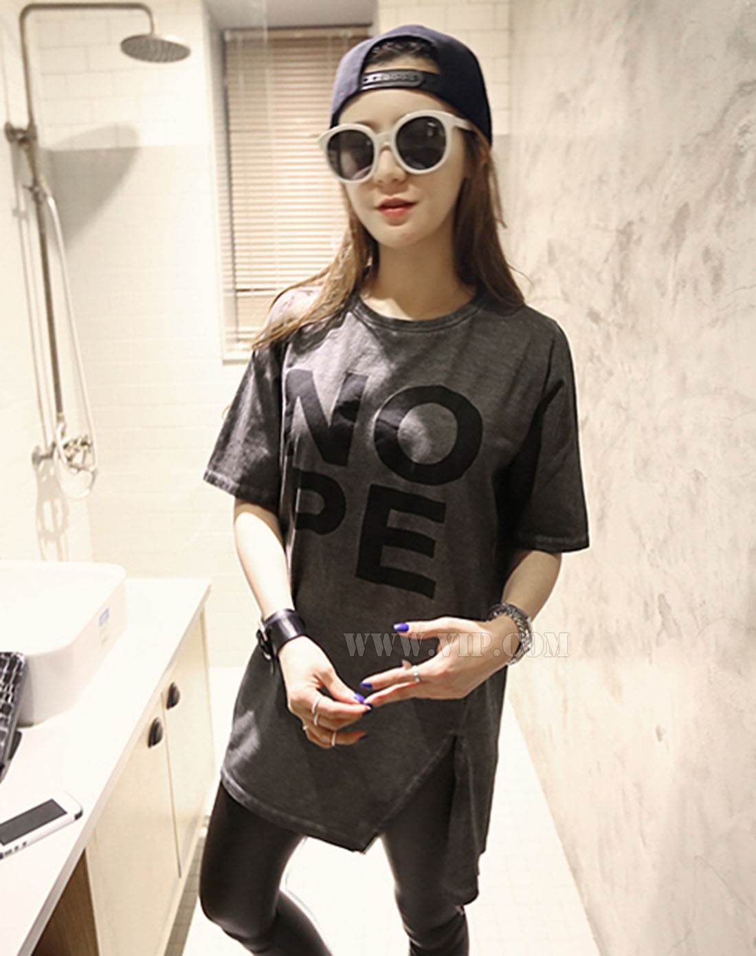 > [naning9]时尚休闲底边开叉长款t恤