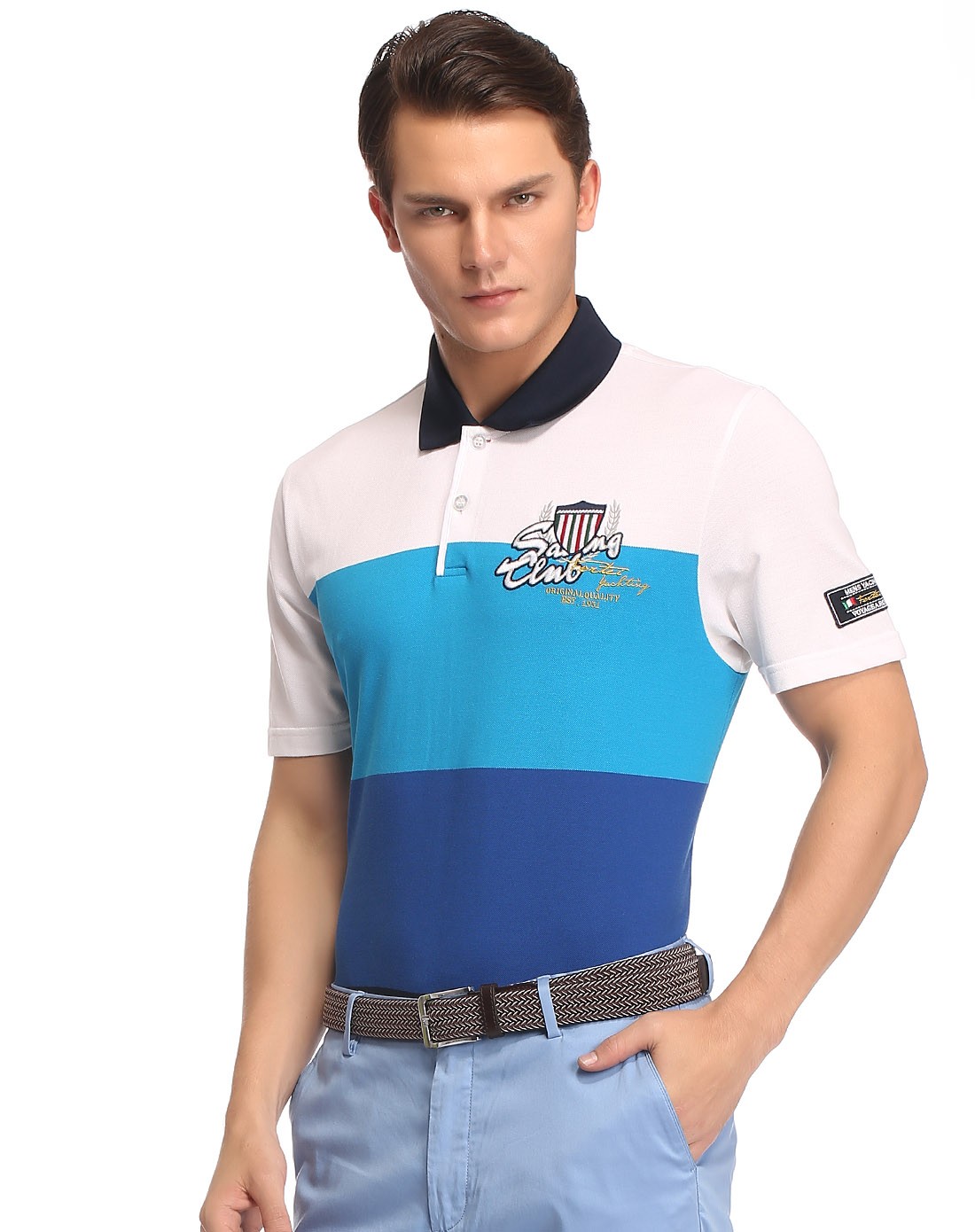 蓝色定位条绣花海洋风短袖t恤