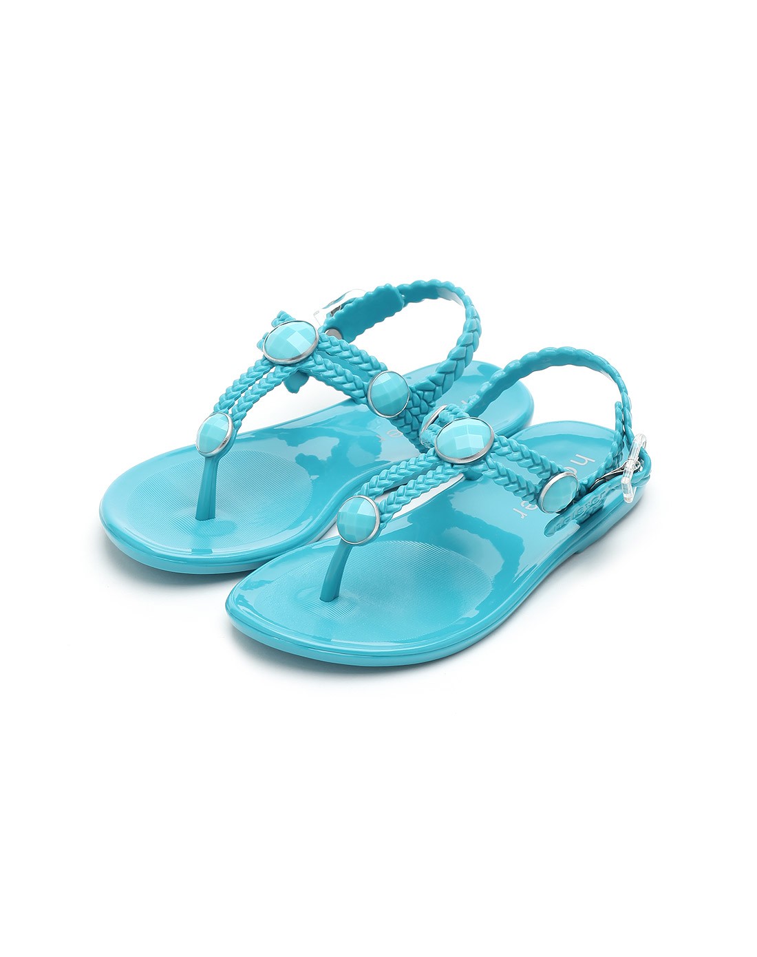 女童绿松石圣特罗佩镶饰平底夹趾凉鞋