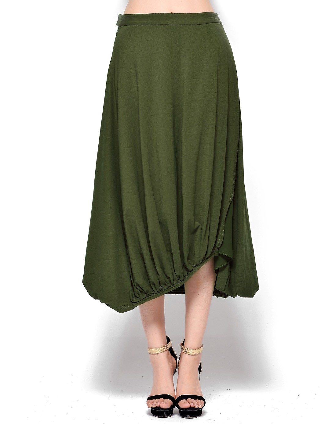 军绿色立体不规则裙摆抽绳设计针织长半裙