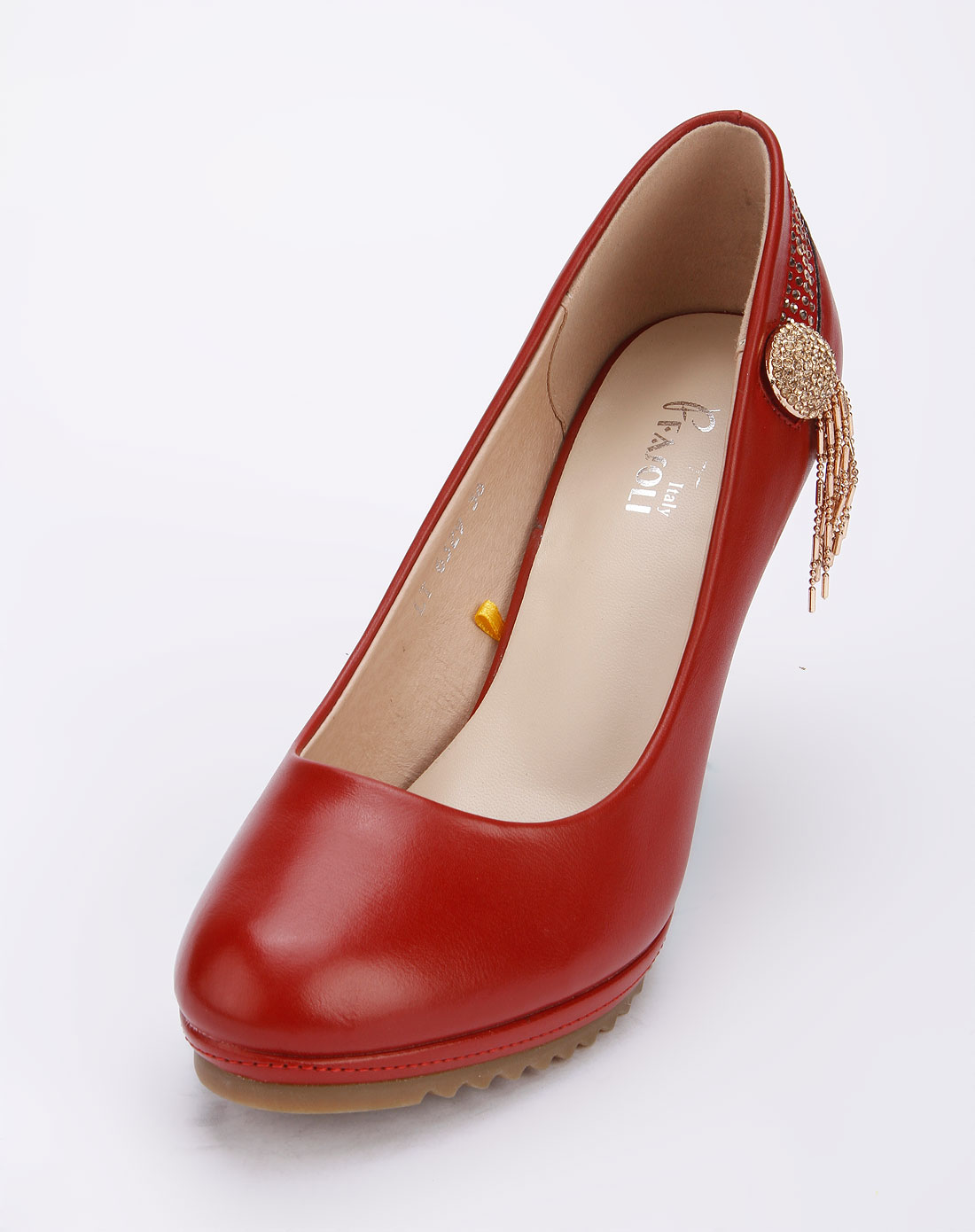 红色金属扣烫珠高跟鞋