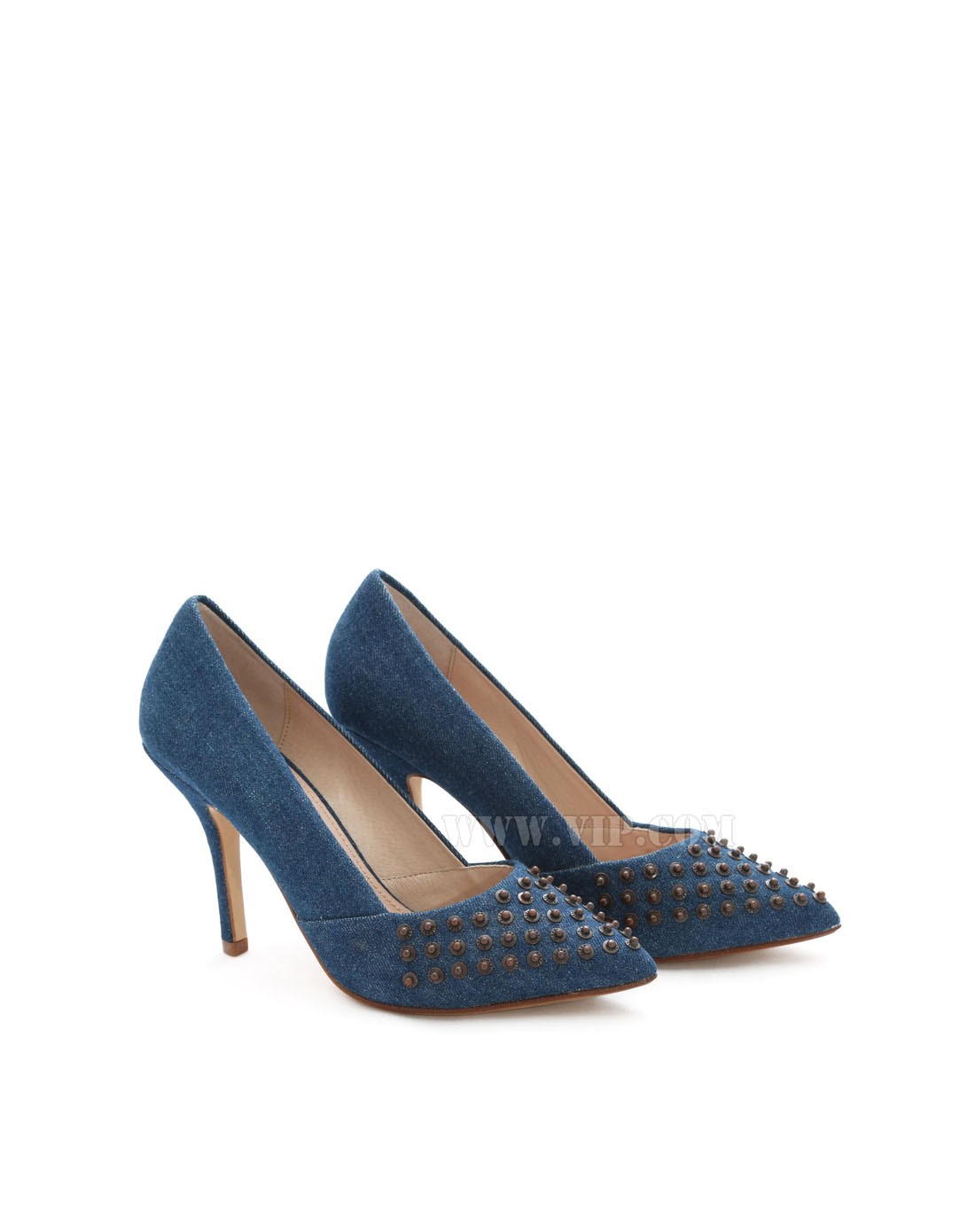 > 女装时尚舒适锅钉幼跟牛仔高跟鞋女装鞋