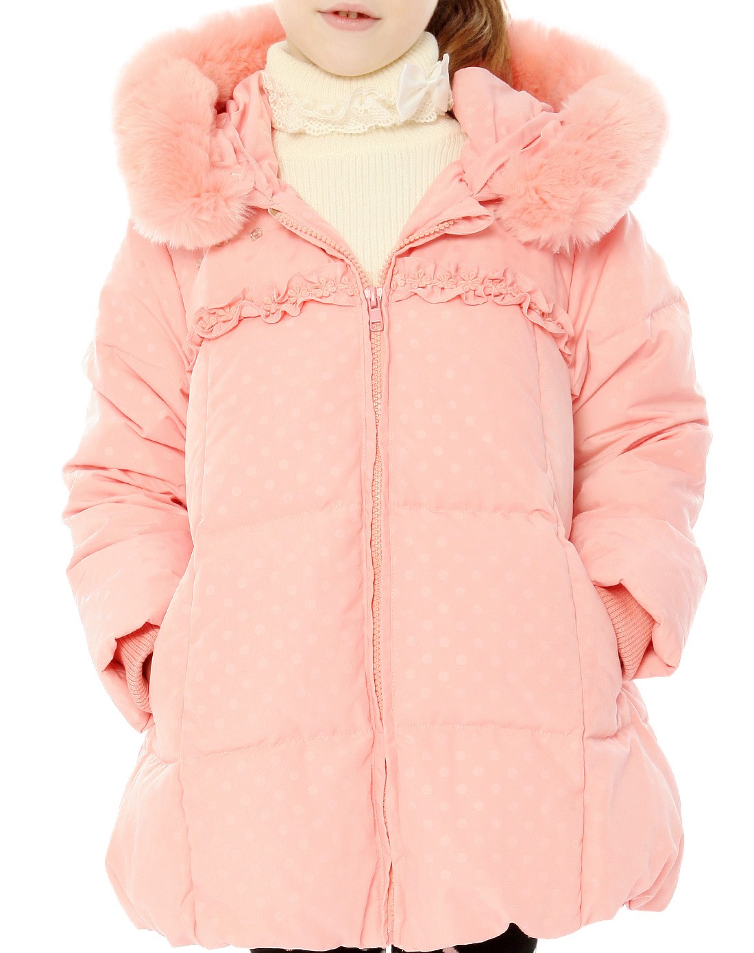 女童浅粉色中长款羽绒服