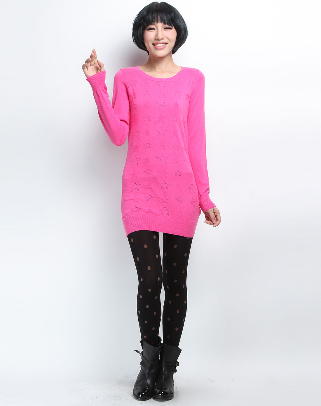 深粉色星星图案圆领长袖针织衫