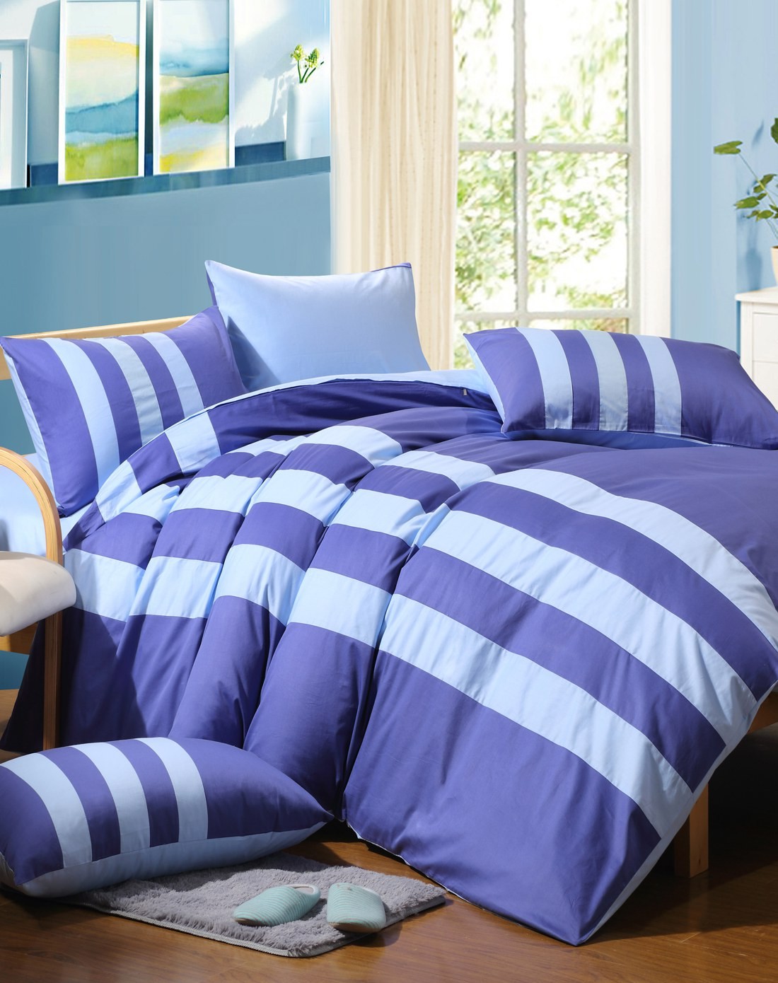 蓝配浅蓝色素色双拼埃及棉四件套1.5米床