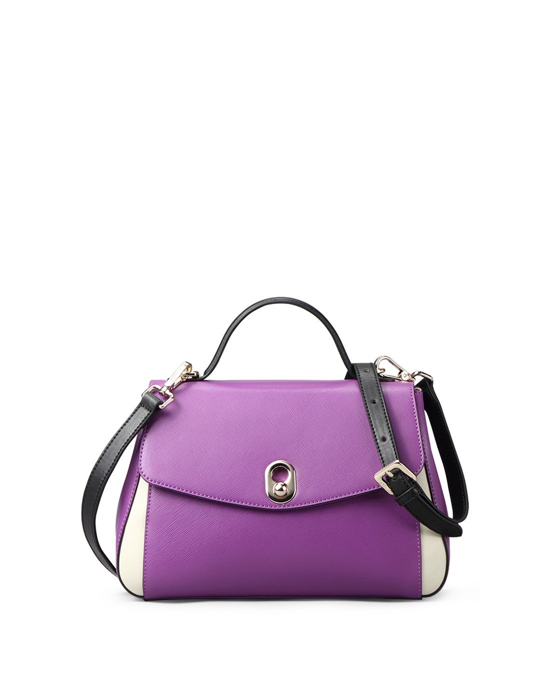 女士紫色配米白色牛皮拼色时尚手提包