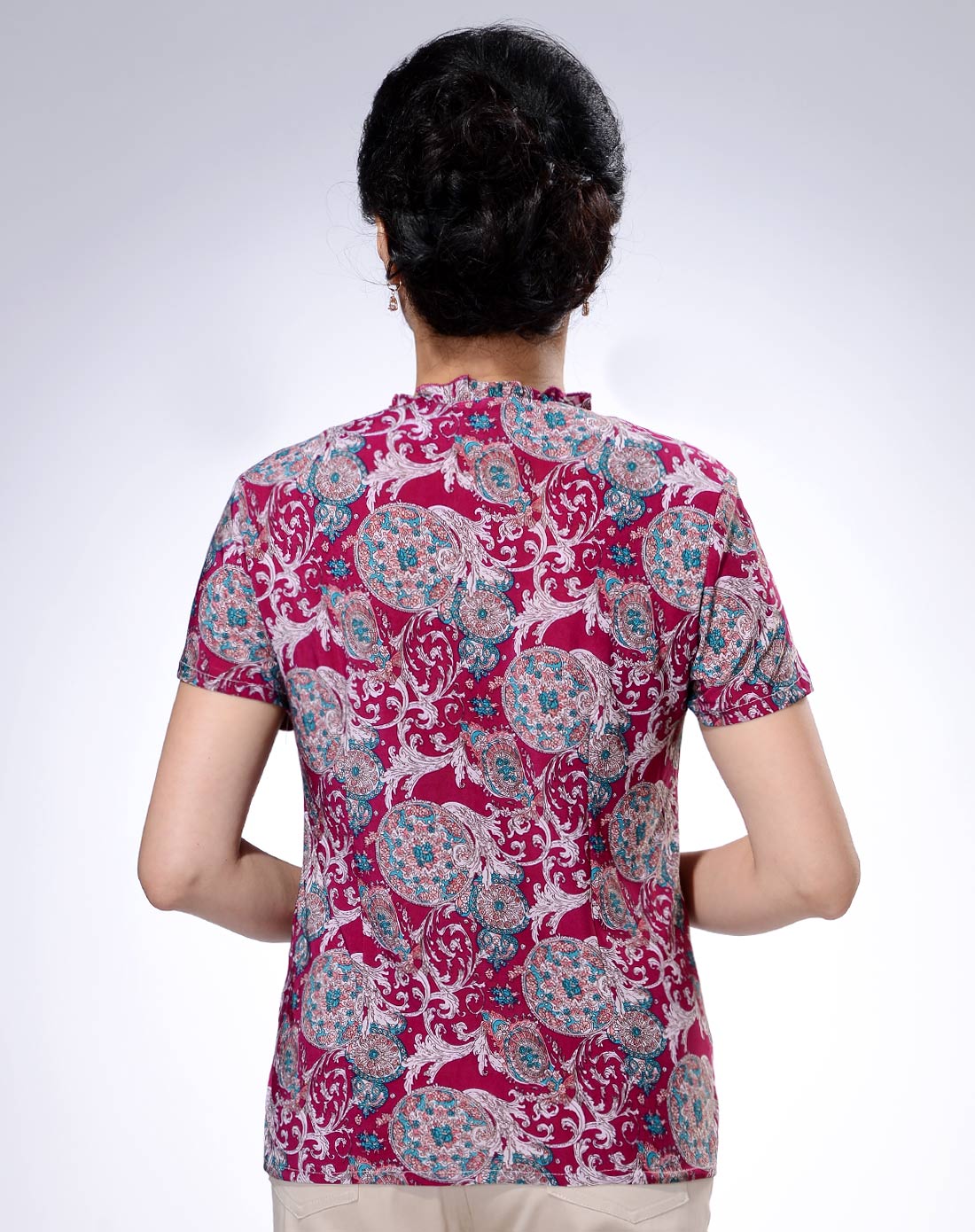 红底蓝花小碎花木耳边领短袖衬衫