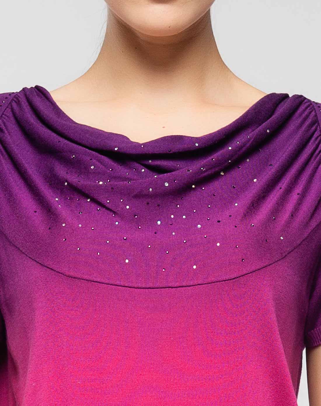 玫红/紫红色个性渐变烫珠短袖针织衫