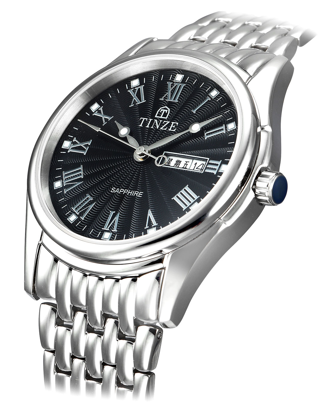 天际tinze手表专场-男款黑/银色罗马刻度个性钢带石英手表