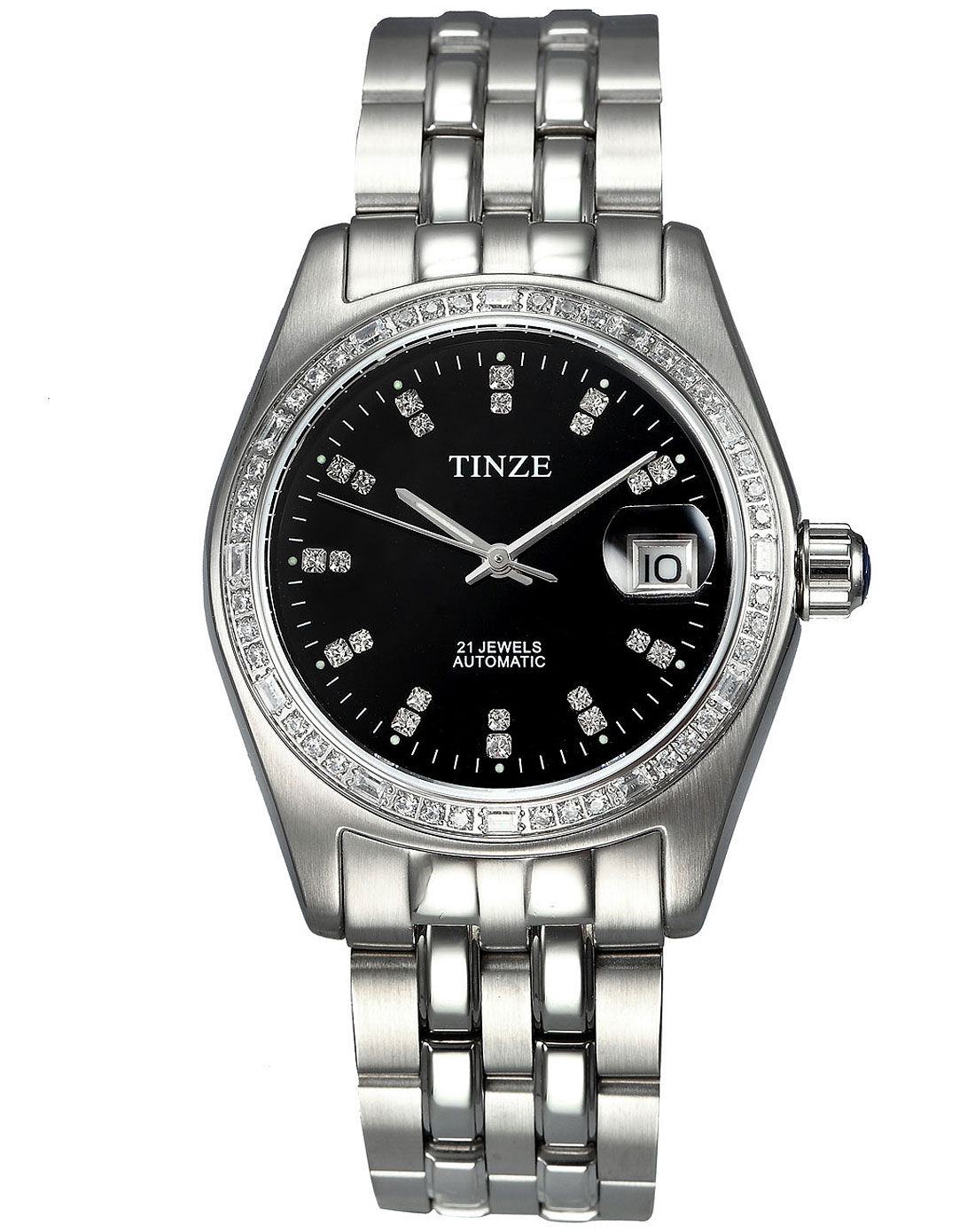 天际tinze手表专场-男款黑/银色大方时尚镶钻钢带机械手表