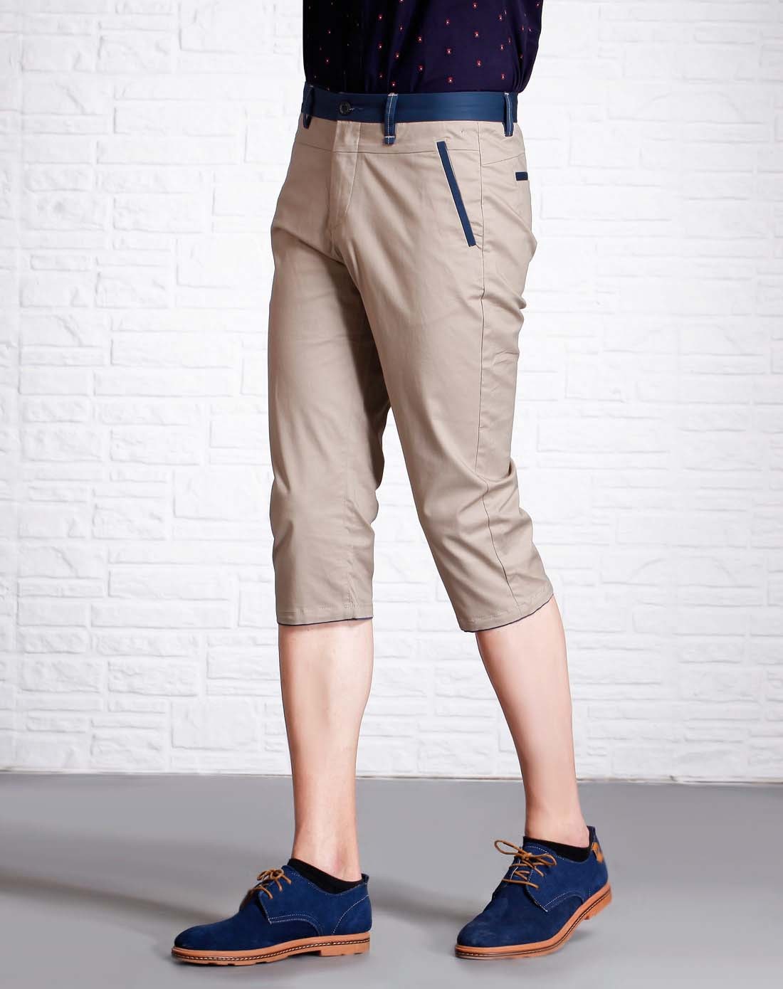 浅卡其中低腰休闲七分裤