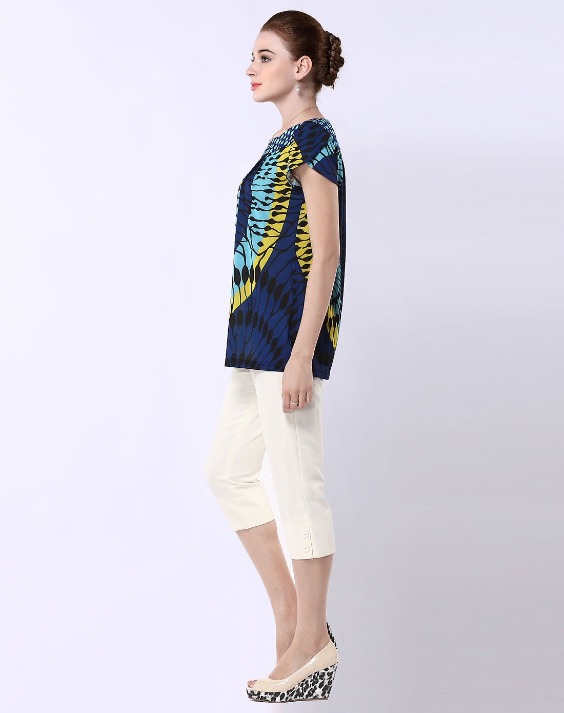 蓝/多色两片袖宽松短袖上衣