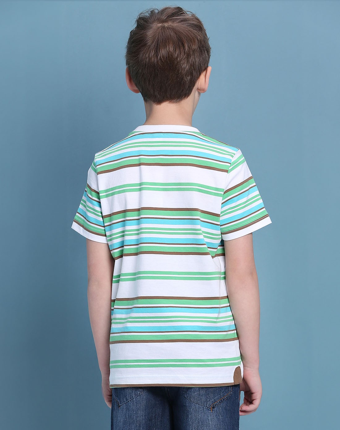 小猪班纳 男童田园绿10号条纹圆领短袖针织衫