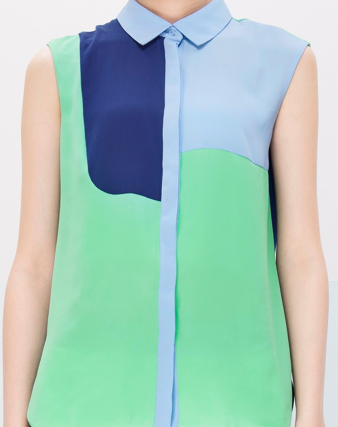 樱草绿韩版拼接立领个性无袖雪纺衬衫