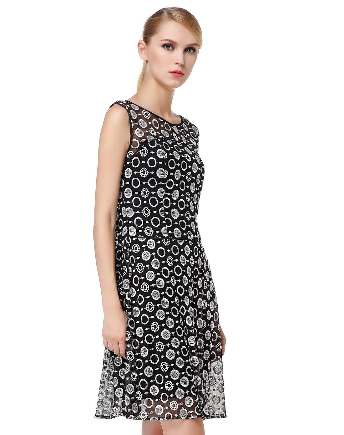 anne klein女装专场 > 黑/浅灰色绣花拼接无袖连衣裙