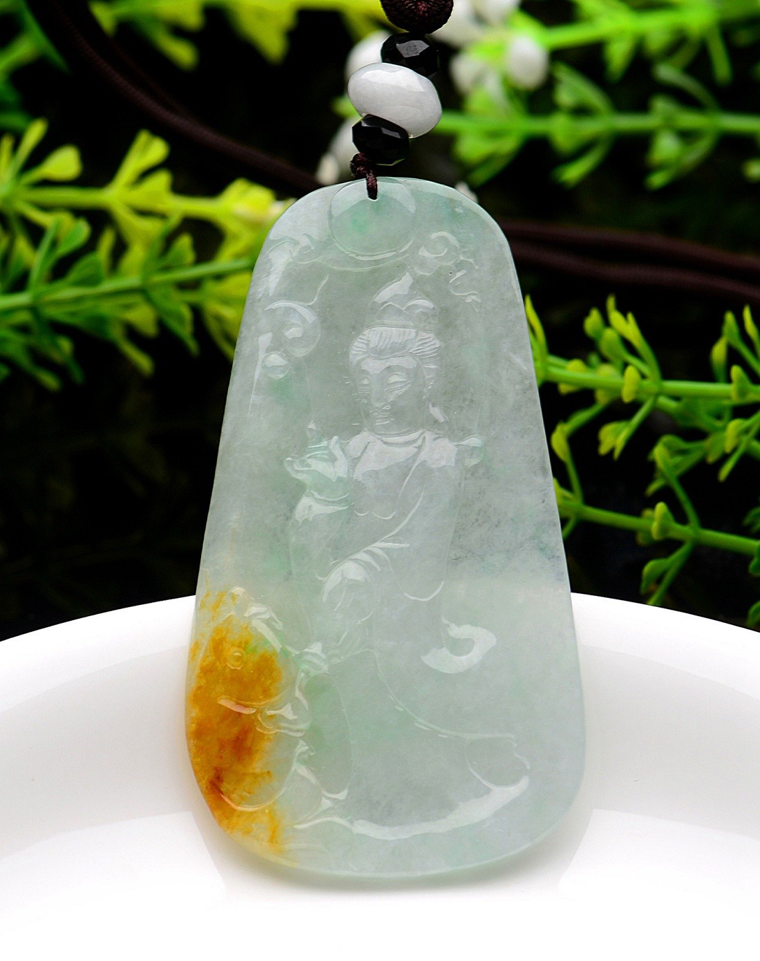 冰糯种三彩杨柳观音天然a货翡翠吊坠