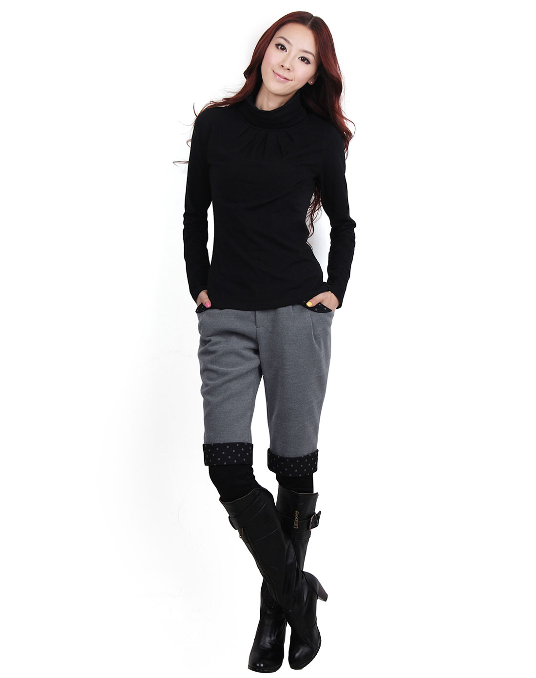 深灰色个性圆点拼接靴裤