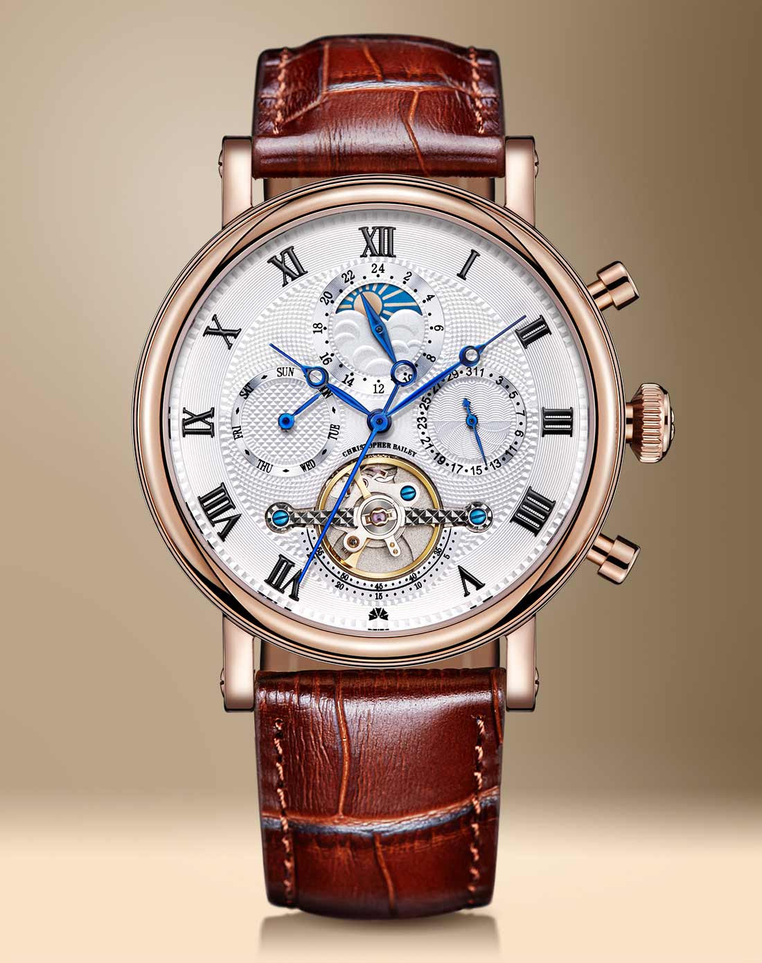 航海家背透镂空玫瑰金机械男表