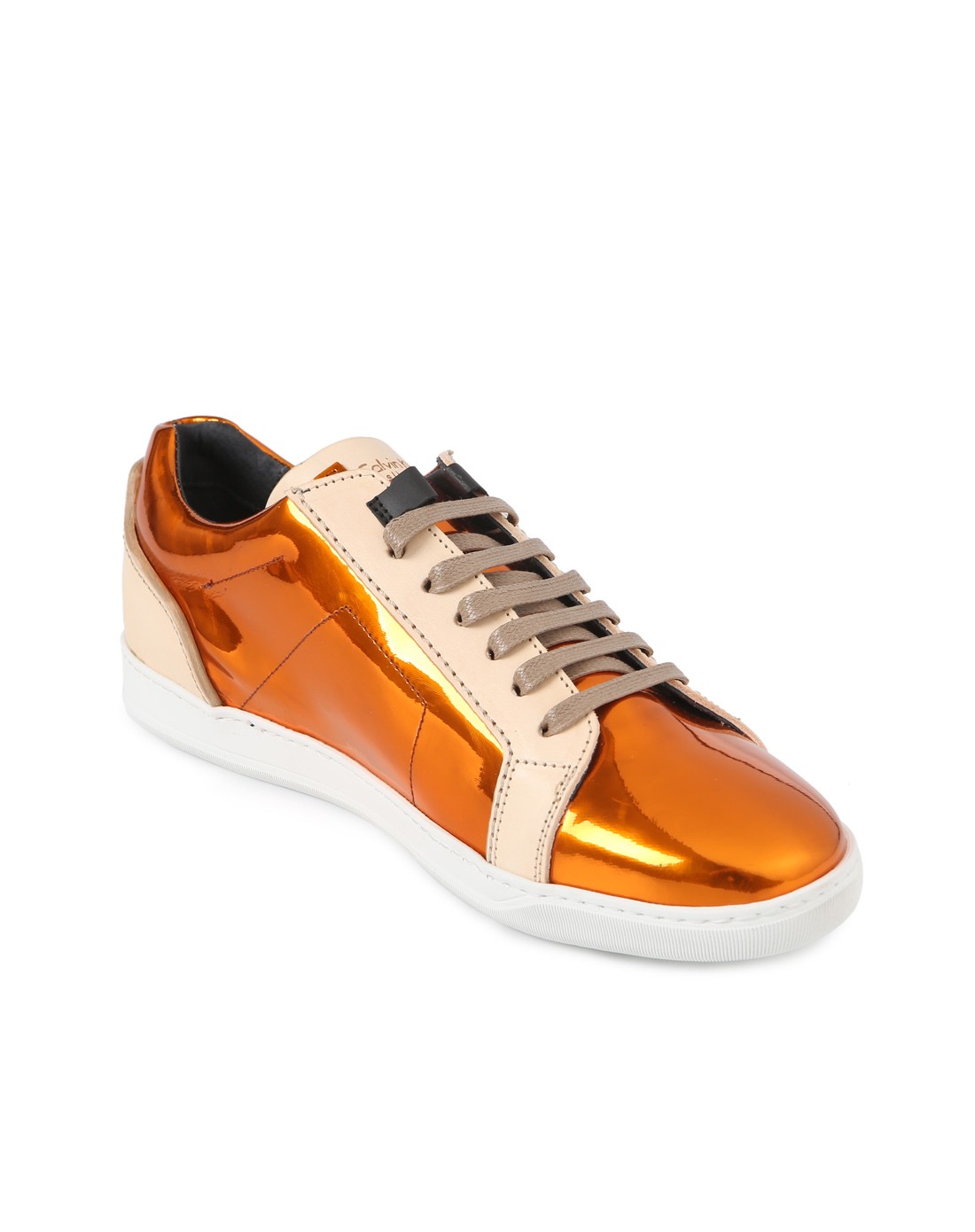 意大利进口橘色合成革运动休闲单鞋