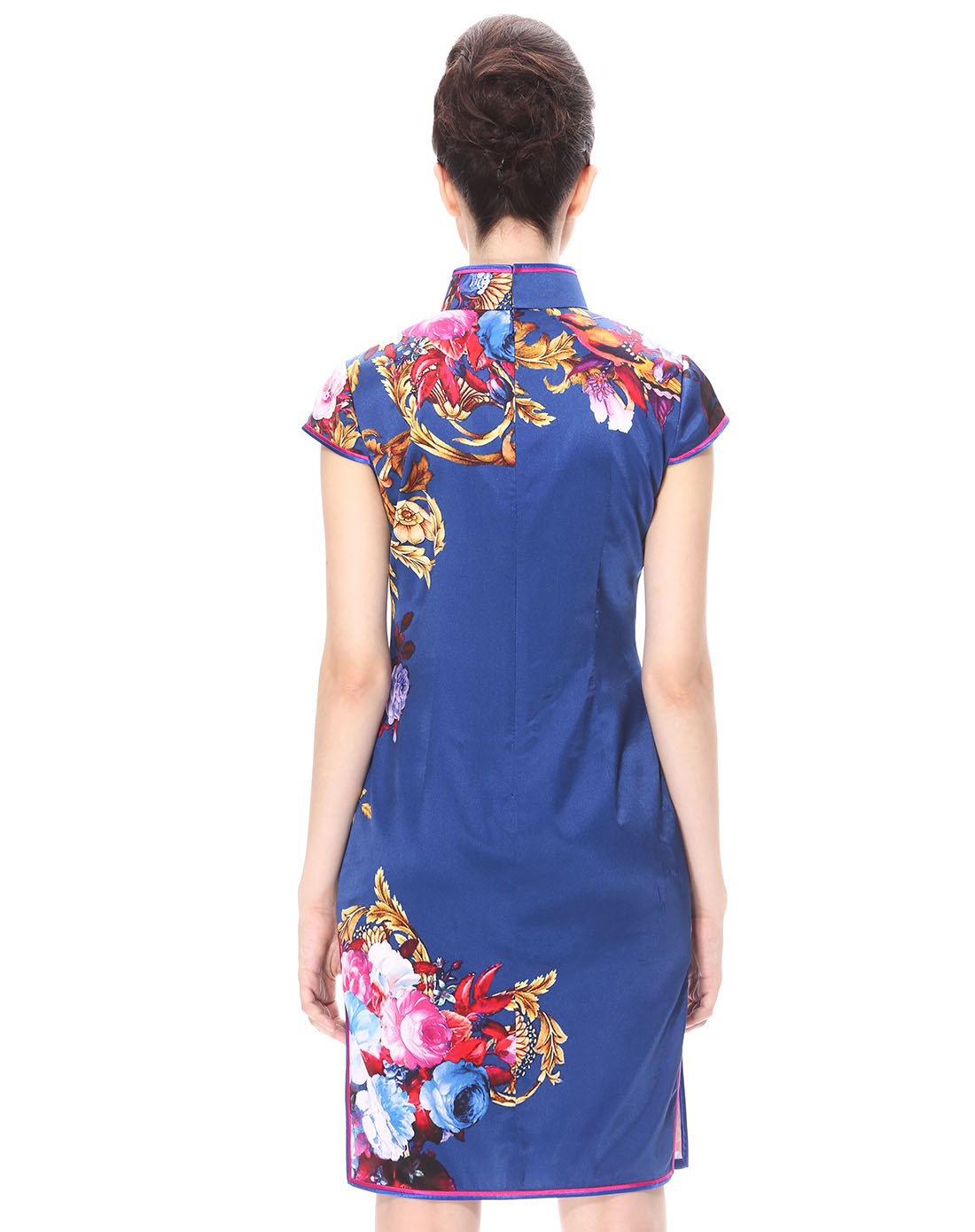 女款蓝底印花真丝旗袍