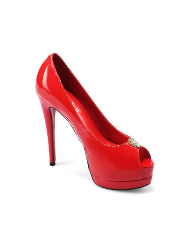 红色漆皮水钻防水台鱼嘴高跟鞋