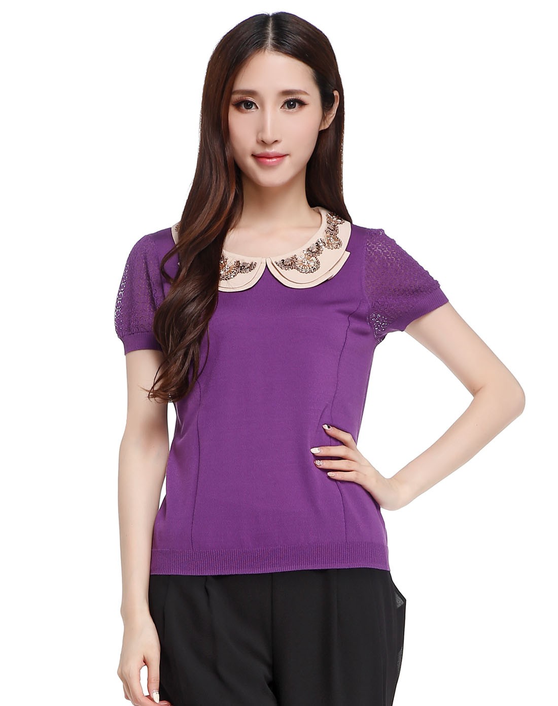 深紫色翻领钉珠短袖针织衫