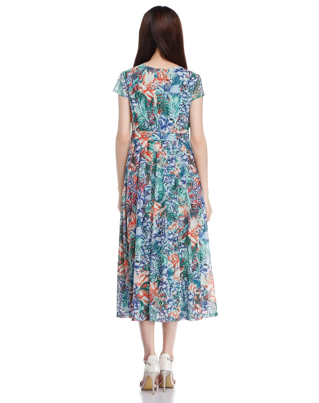 珂莱蒂尔koradior elsewhere女装专场 绿色优雅印花盖肩袖连衣裙