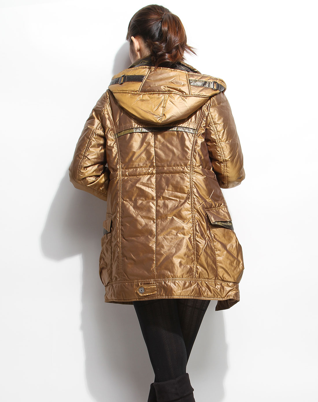 钻石纹金色时尚长袖中长款羽绒外套