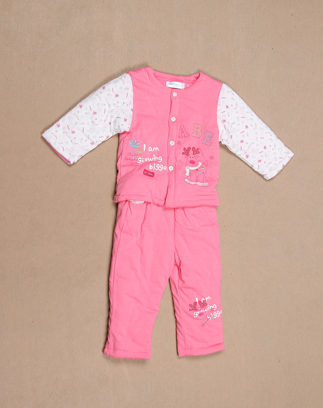 安贝儿 中性粉色迷你小鹿圆领开胸长袖外套两件套