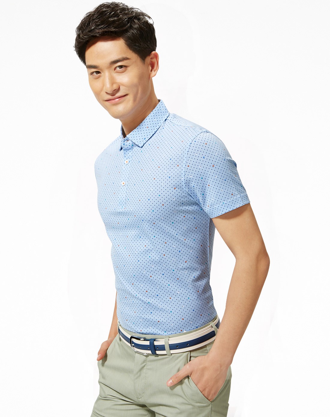 浅蓝波点印花丝光棉短袖t恤