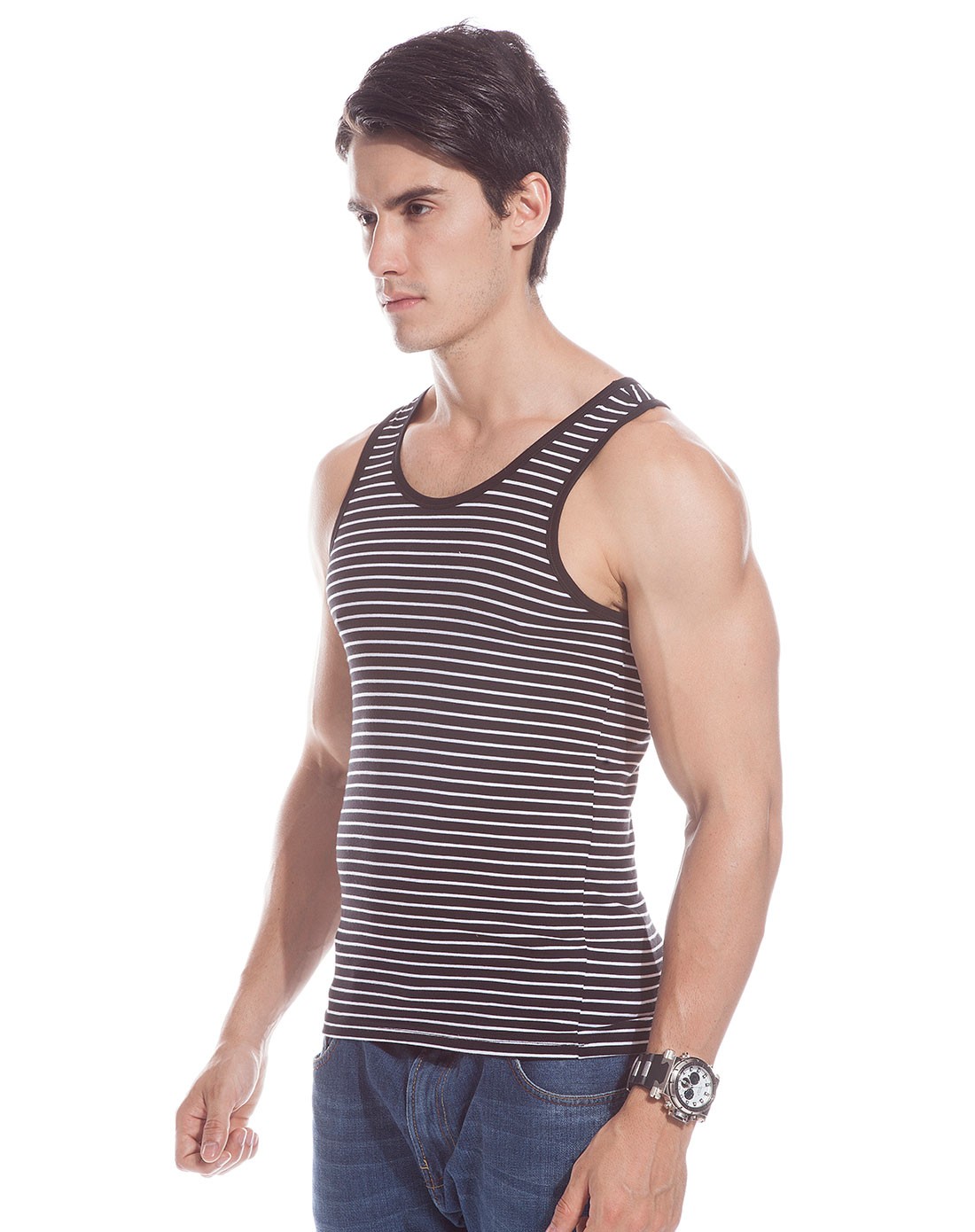 男士白色/藏青时尚海军风条纹背心