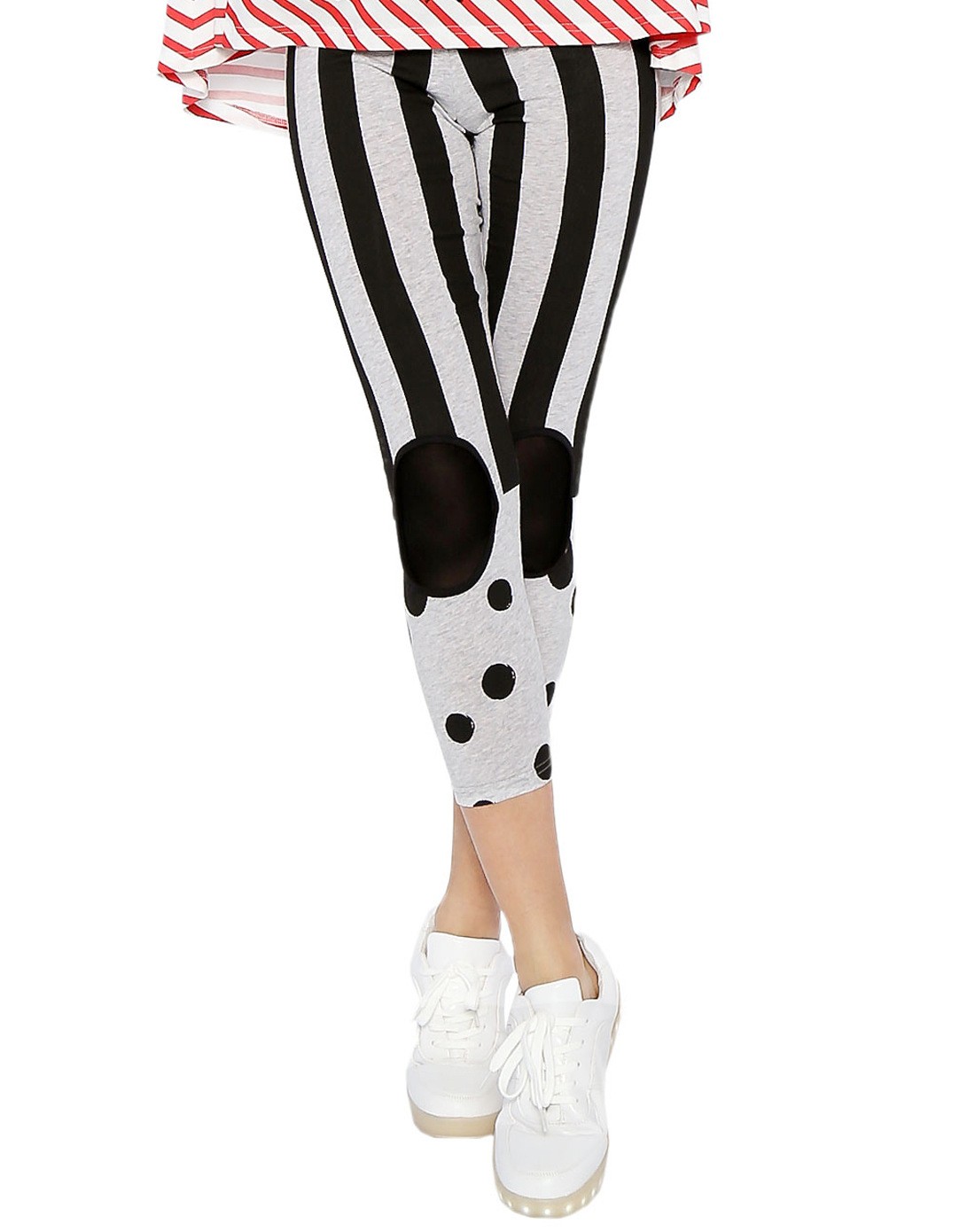 2015网络特供款黑色潮流波点条纹个性挖洞紧身裤