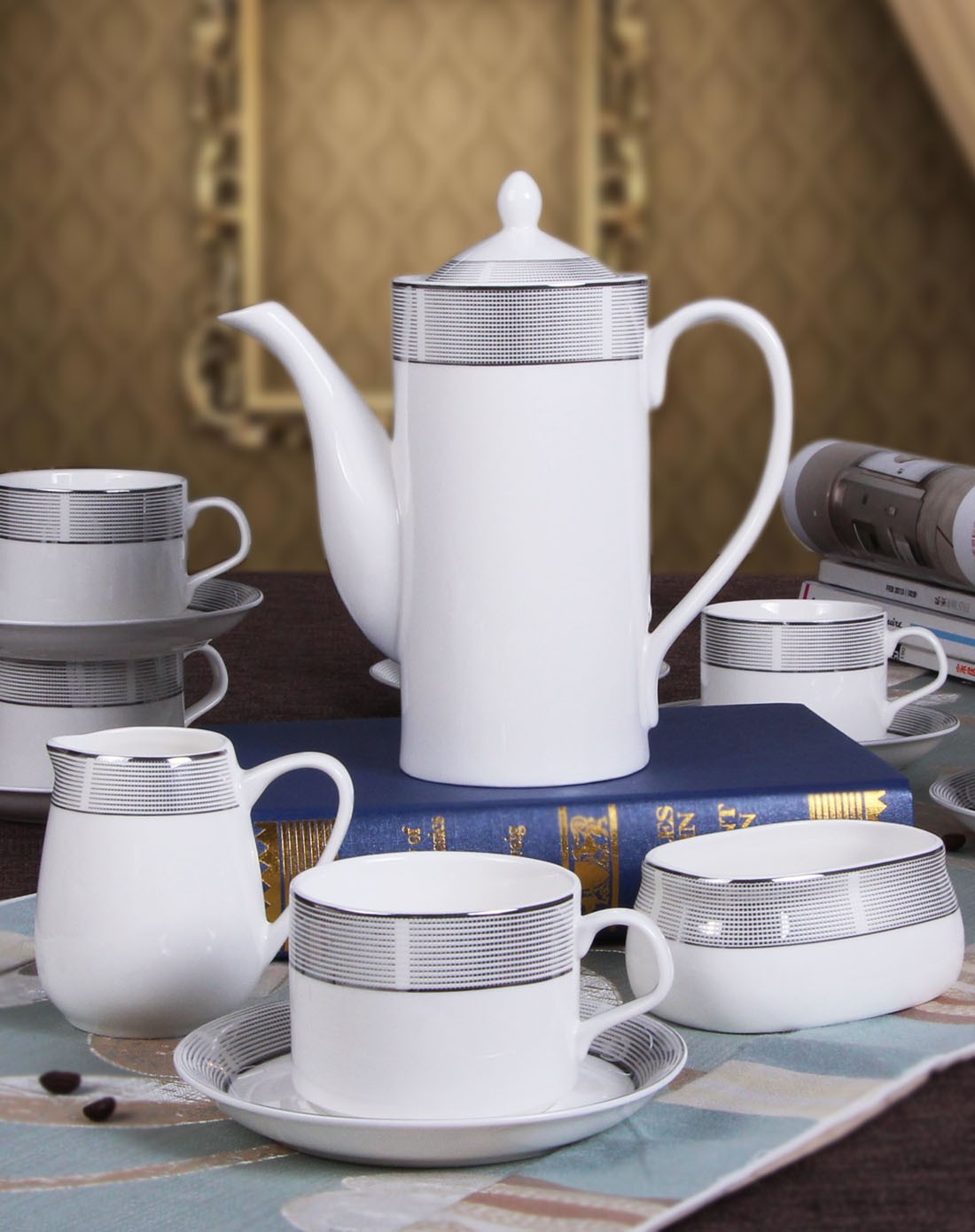 雅诚德 15头欧式咖啡杯碟-银边