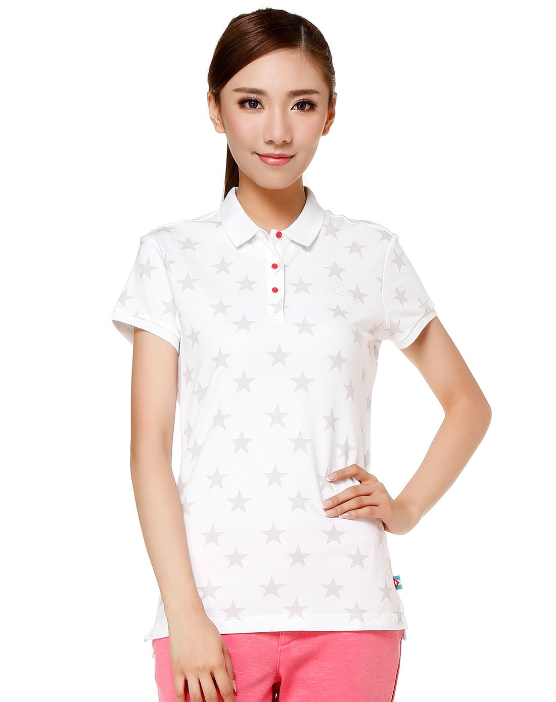 纯棉时尚 女款白色短袖polo衫 星星图案