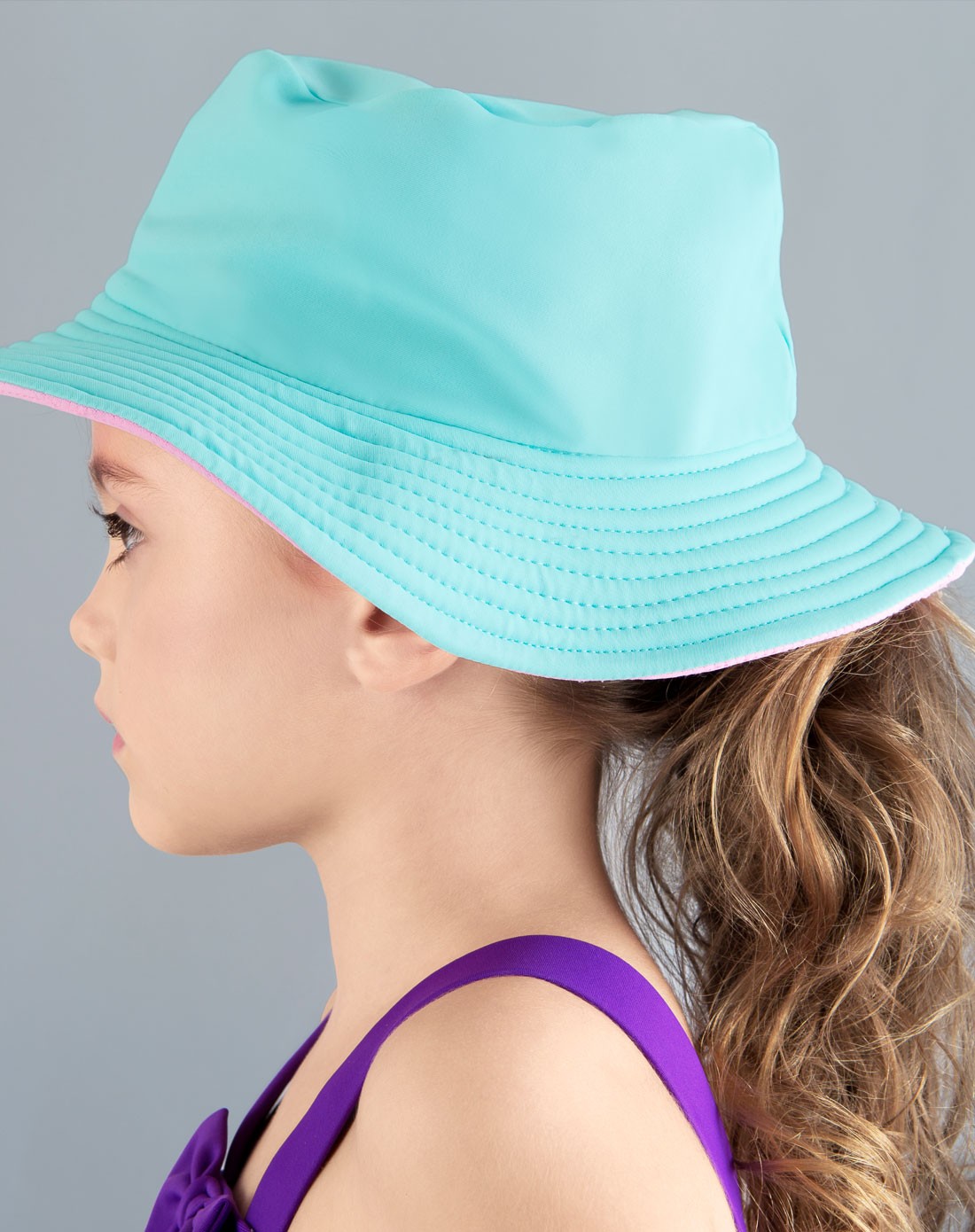 防晒 女童款粉配水蓝色沙滩帽 可两面戴