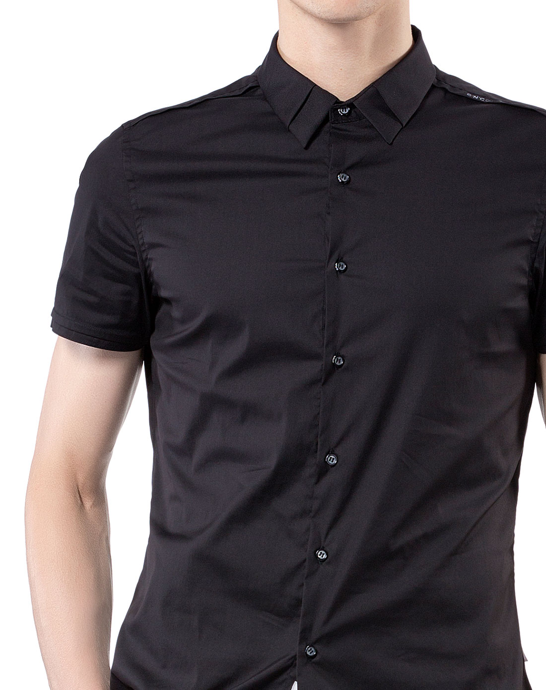 男休闲黑色修身短袖衬衫