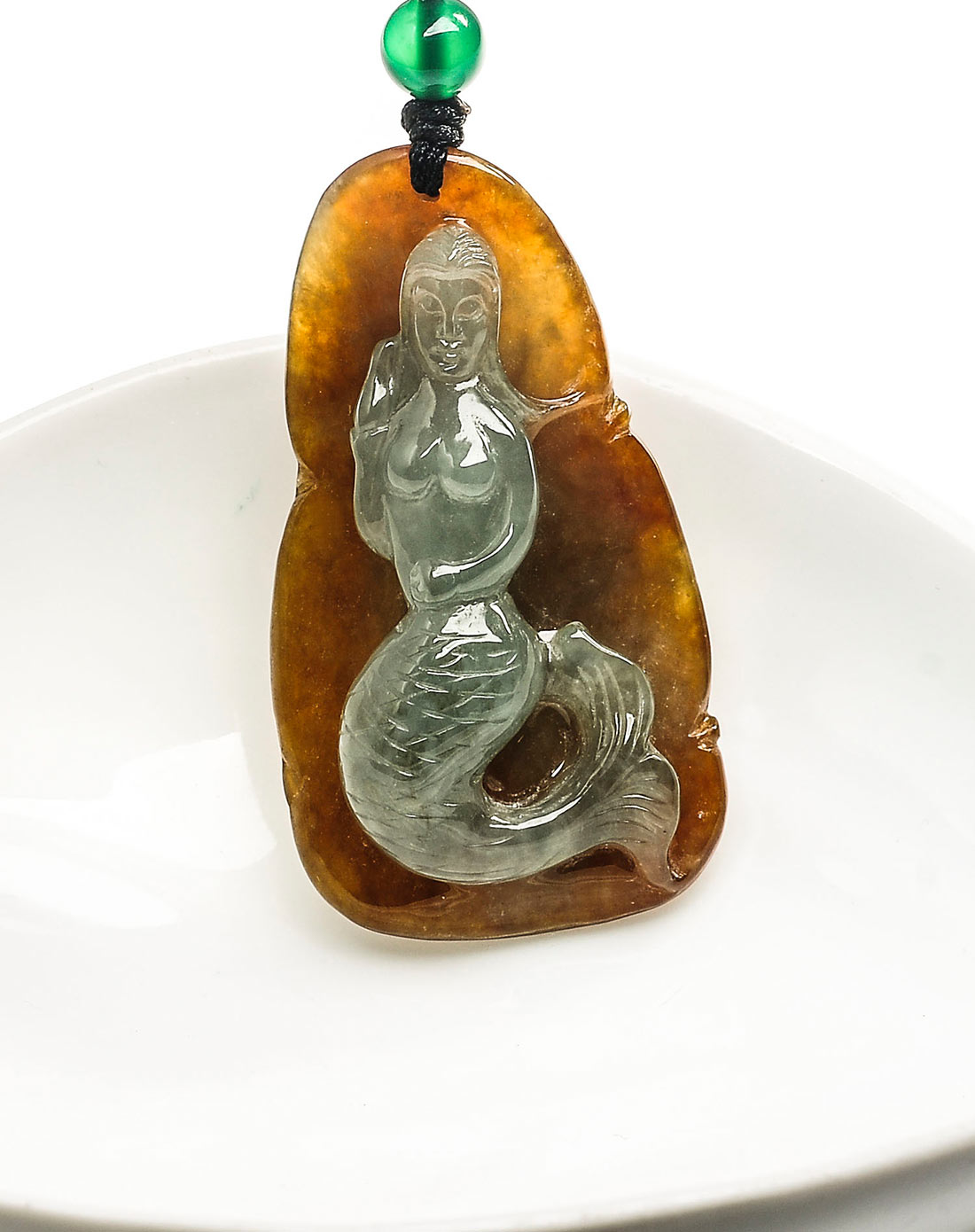 天然翡翠a货立体精雕冰糯双彩美人鱼挂件