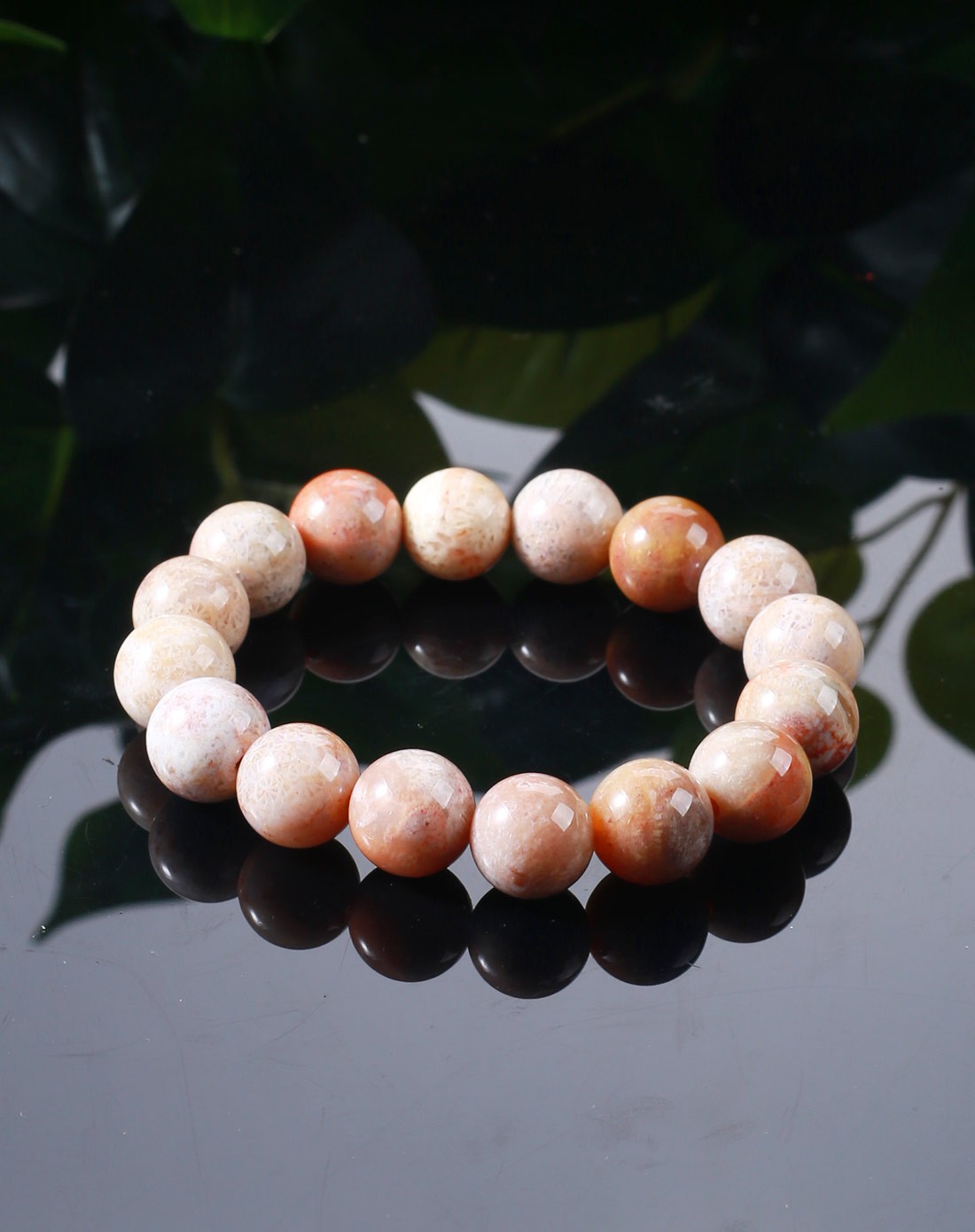 天然粉黄色珊瑚化石12mm手链(国家权威认证)