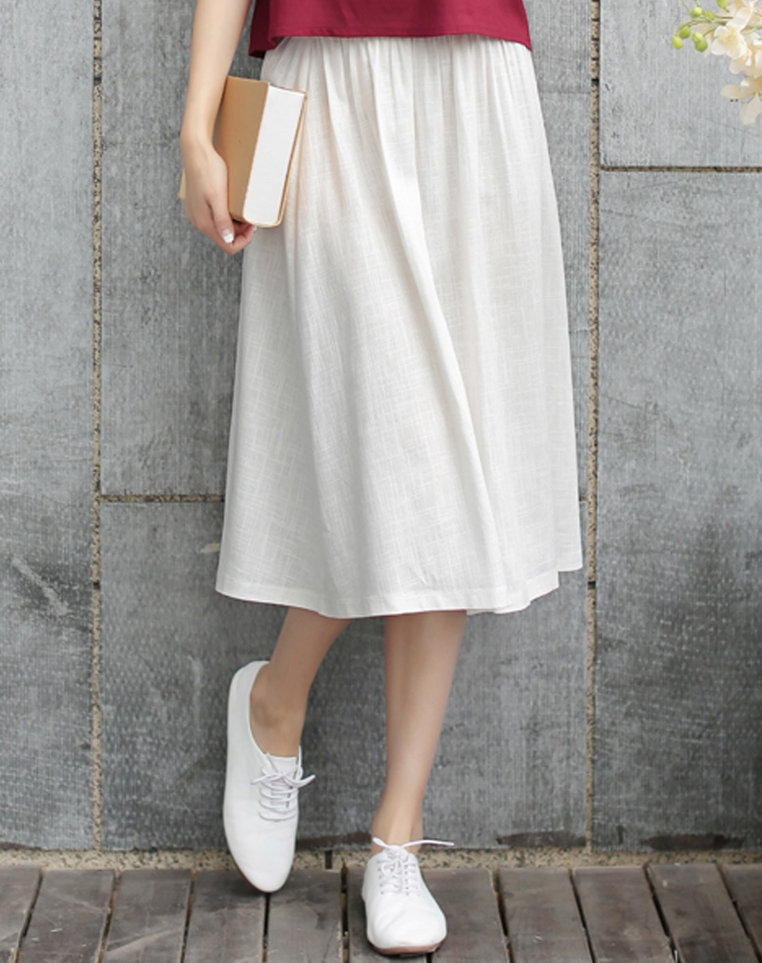 女款白色文艺亚麻中长款大摆裙